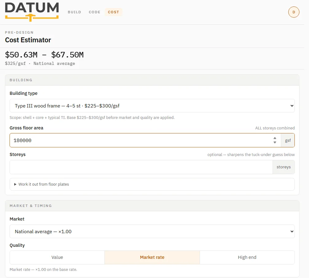 Cost Estimator tool screenshot